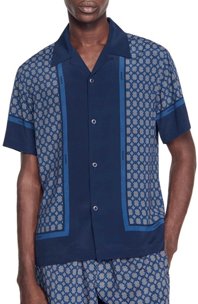 Shop Sandro Fence Print Short Sleeve Button-up Shirt In Marine