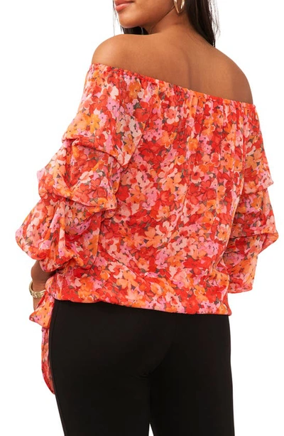 Shop Vince Camuto Print Off The Shoulder Bubble Sleeve Top In Tulip Red