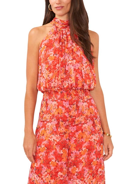 Vince Camuto Floral Print High Neck Jumpsuit In Tulip Red