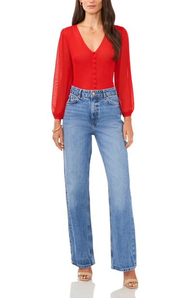 Shop Vince Camuto Puff Shoulder Front Button Top In Tulip Red