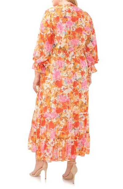 Shop Vince Camuto Floral Smocked Three Quarter Sleeve Maxi Dress In Tulip Red