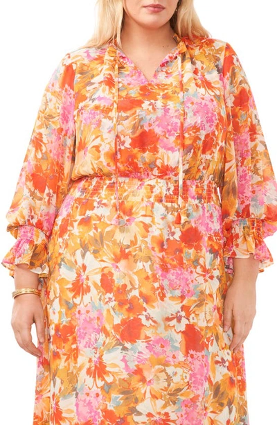 Shop Vince Camuto Floral Smocked Three Quarter Sleeve Maxi Dress In Tulip Red