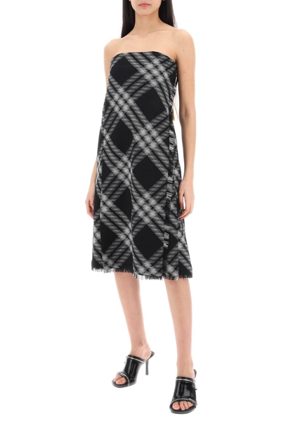Shop Burberry Midi Dress With Check Pattern In White,black