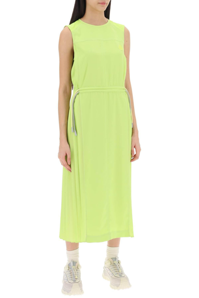 Shop Moncler Column Dress With Pleated Detailing In Green