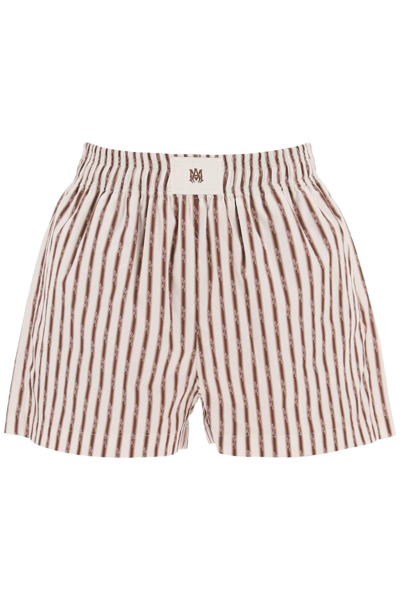 Shop Amiri Striped Pajama Shorts In White,brown