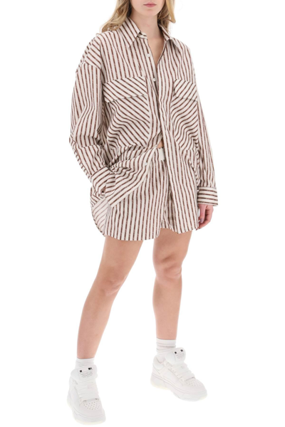 Shop Amiri Striped Pajama Shorts In White,brown