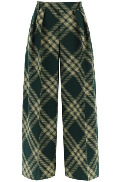 Shop Burberry Check Palazzo Pants In Green,yellow