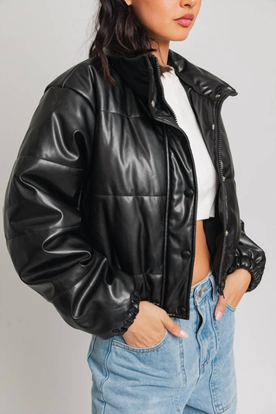 Shop Le Lis With Edge Faux Leather Puffer Jacket In Black
