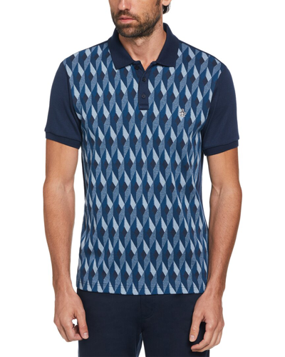 Shop Original Penguin Jacquard Front Diamond Geo Print Polo Shirt In Blue