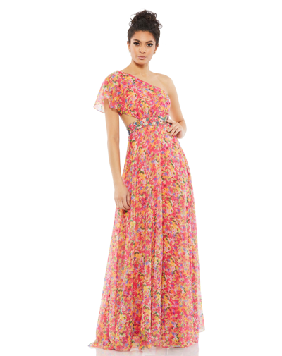Shop Mac Duggal Floral Print One Shoulder Butterfly Sleeve A Line Gown In Pink