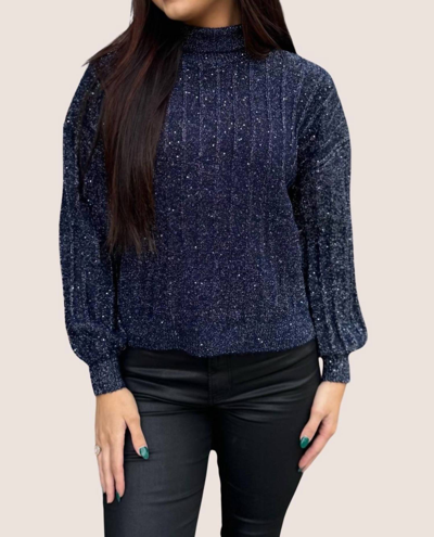 Shop Molly Bracken Stand Collar Sweater With Puff Sleeves In Navy In Blue