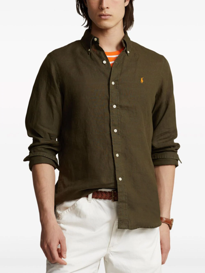 Shop Polo Ralph Lauren Camicia In Lino Slim-fit In Green