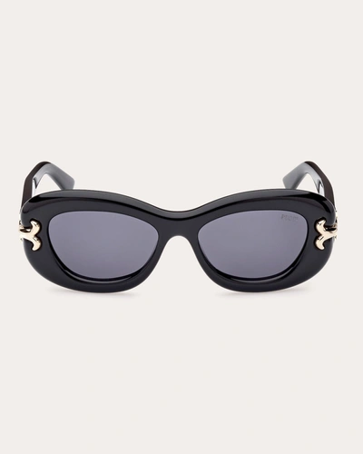 Shop Emilio Pucci Women's Shiny Black & Smoke Blue Geometric Sunglasses
