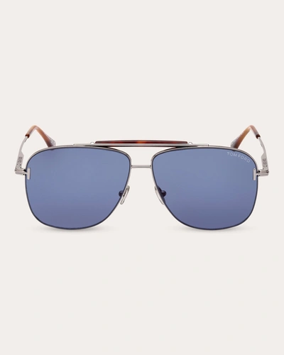 Shop Tom Ford Women's Shiny Light Ruthenium & Blue T-logo Navigator Sunglasses In Ruthenium/blue