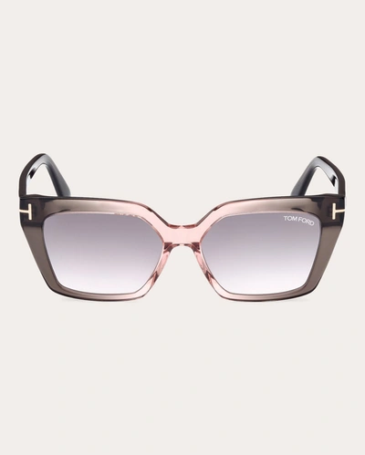 Shop Tom Ford Women's Shiny Transparent Gray & Rose Mirror T-logo Cat-eye Sunglasses In Grey