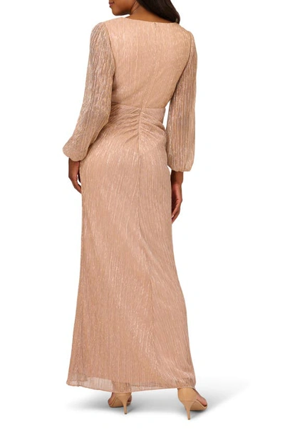 Shop Adrianna Papell Metallic Long Sleeve Mesh Evening Gown In Light Gold