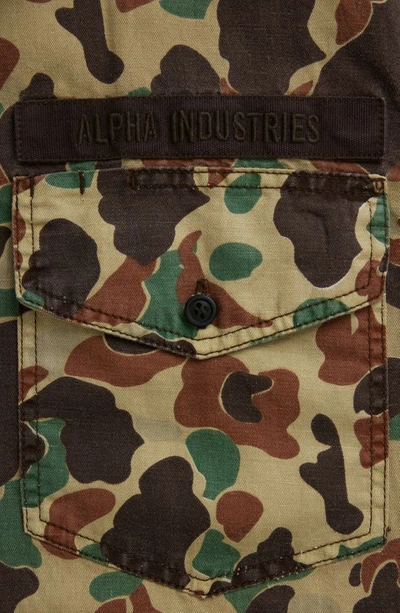 Shop Alpha Industries Short Sleeve Linen & Cotton Utility Shirt In Green Frog Skin Camo