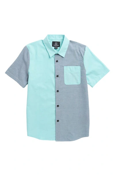 Shop Volcom Kids' Satostone Colorblock Short Sleeve Stretch Button-up Shirt In Crete Blue