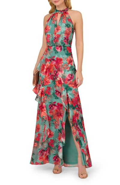 Shop Adrianna Papell Print Ruffle Halter Gown In Turquoise Multi