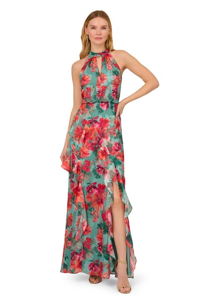 Shop Adrianna Papell Print Ruffle Halter Gown In Turquoise Multi
