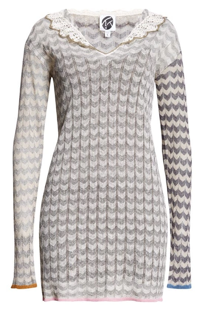 Shop Yanyan Tong Chevron Knit Long Sleeve Linen Blend Mini Sweater Dress In Stone