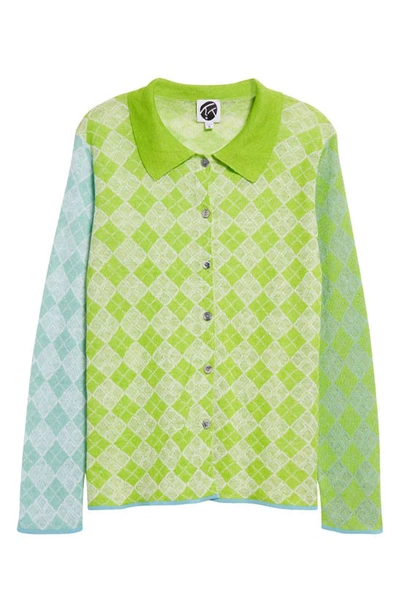 Shop Yanyan Colorblock Argyle Linen Cardigan In Lime