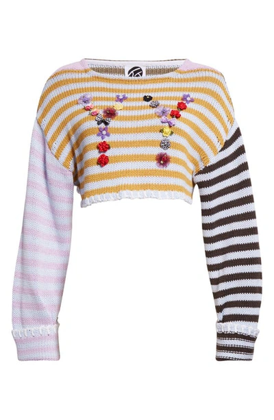 Shop Yanyan Yy Appliqué Colorblock Stripe Crop Sweater In Marigold/ Lilac/ Choco