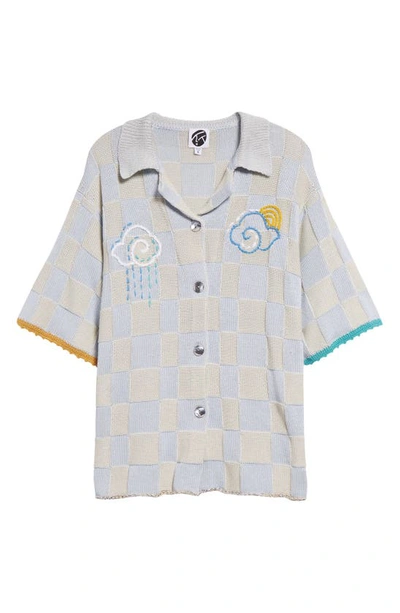Shop Yanyan Embroidered Checkerboard Oversize Knit Button-up Sweater Shirt In Sky