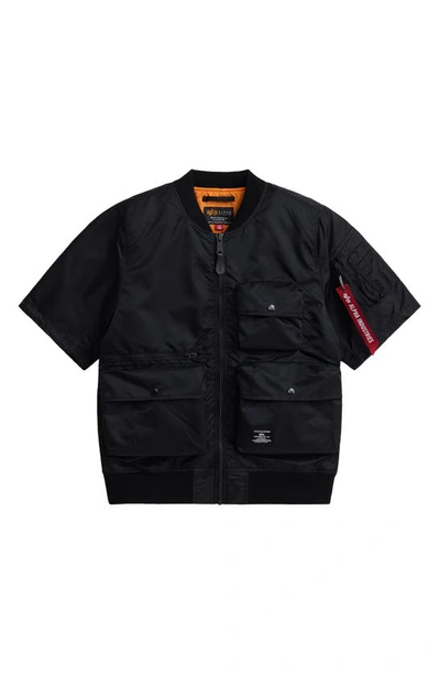 Shop Alpha Industries Short Sleeve Zip-up Satin Flight Jacket In Black