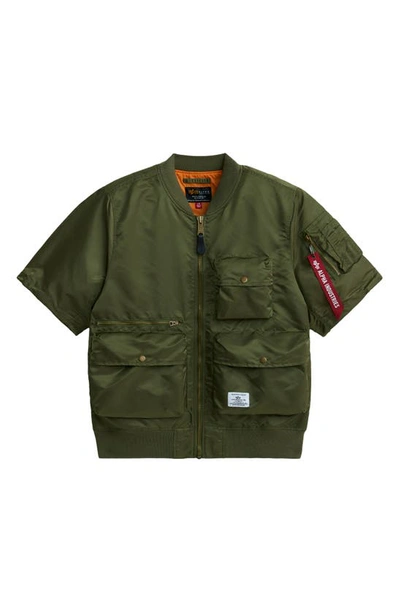 Shop Alpha Industries Short Sleeve Zip-up Satin Flight Jacket In Green