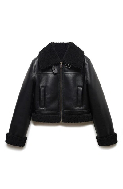 Shop Mango Faux Shearling Trim Moto Jacket In Black