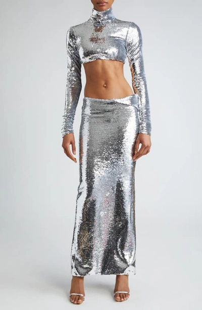 Laquan Smith Sequin Mock Neck Crop Top In Silver