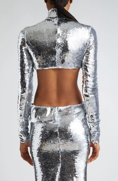 Laquan Smith Sequin Mock Neck Crop Top In Silver