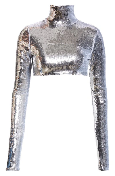 Laquan Smith Sequin Mock Neck Crop Top In Silver