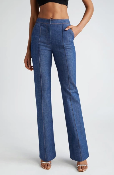 Shop Laquan Smith Pleated High Waist Flared Denim Trousers In Dark Blue