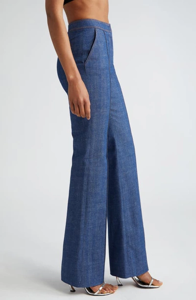 Shop Laquan Smith Pleated High Waist Flared Denim Trousers In Dark Blue