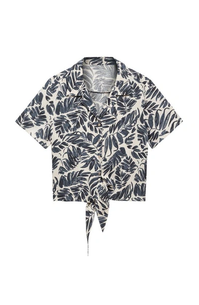Shop Mango Frond Print Tie Front Linen Blend Shirt In Dark Navy