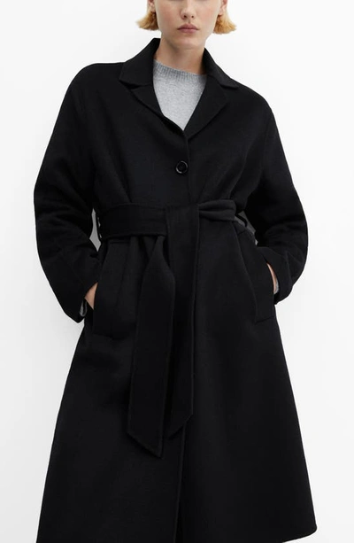 Shop Mango Belted Wool Blend Coat In Black