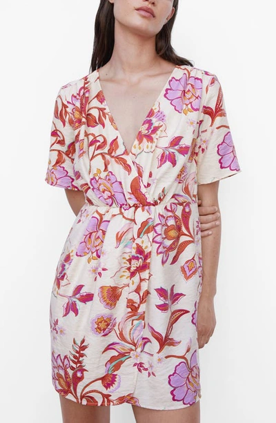 Shop Mango Floral Faux Wrap Minidress In Off White