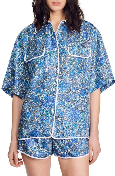 Shop Sandro Anja Floral Button-up Silk Shirt In Blu / White