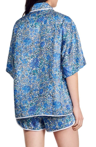 Shop Sandro Anja Floral Button-up Silk Shirt In Blu / White