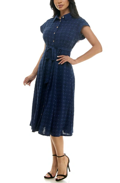 Nina Leonard Swiss Dot Cap Sleeve Midi Shirtdress In Navy Multi