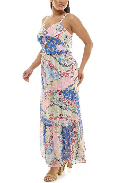 Nina Leonard Twist Front Maxi Dress In White Multi
