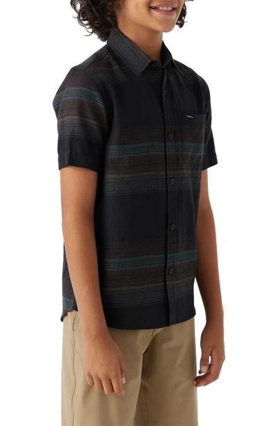 Shop O'neill Kids' Seafaring Stripe Short Sleeve Organic Cotton Button-up Shirt In Black