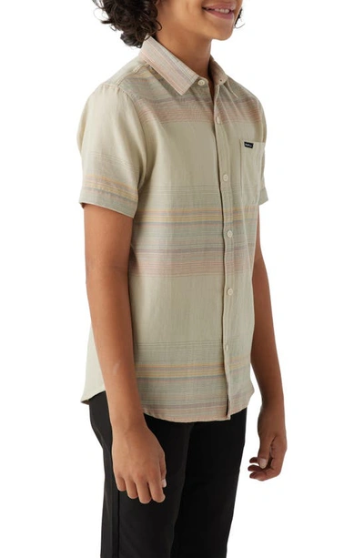Shop O'neill Kids' Seafaring Stripe Short Sleeve Organic Cotton Button-up Shirt In Light Khaki
