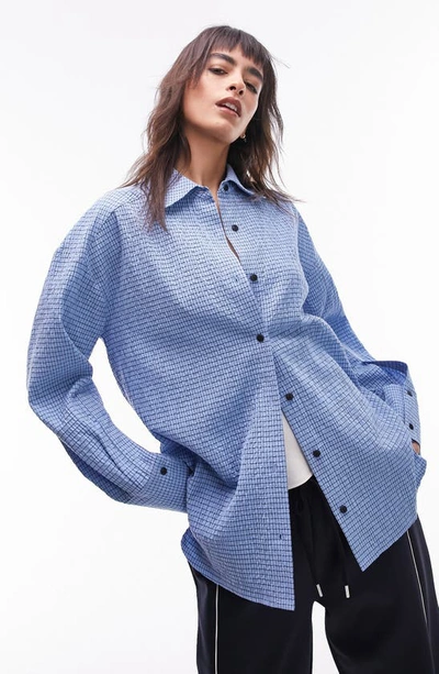 Shop Topshop Oversize Check Textured Cotton Button-up Shirt In Mid Blue