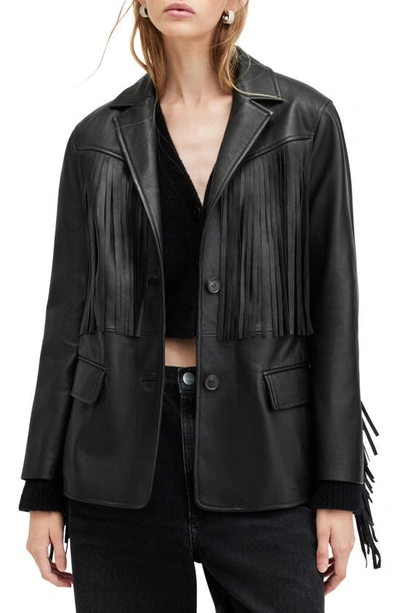 Shop Allsaints Corinna Fringe Leather Blazer In Black