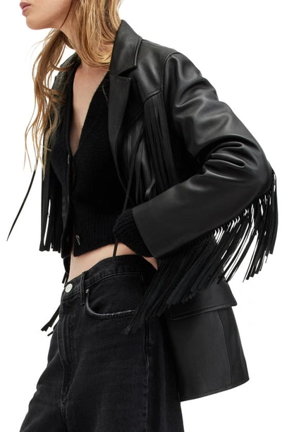 Shop Allsaints Corinna Fringe Leather Blazer In Black