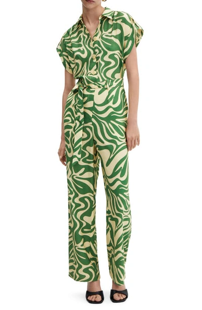 Shop Mango Retro Print Belted Jumpsuit In Green