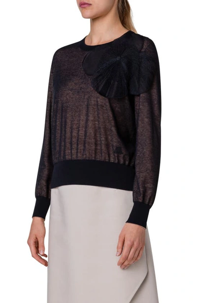 Akris Poppy Appliqué Cotton Blend Crewneck Sweater In Black